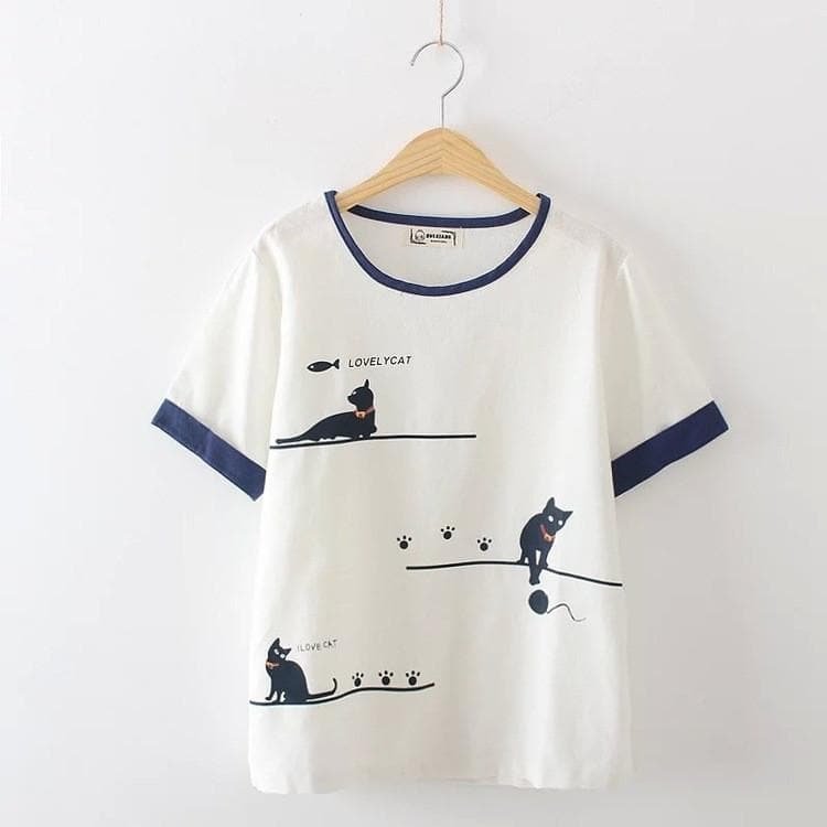 Beige/Navy Casual Lovely Cat Tee Shirt SP1710033
