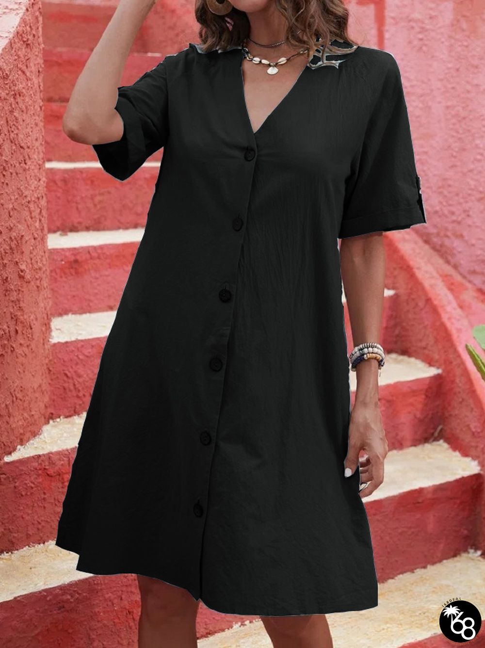 Fashionable Short-Sleeved Mid-Length Single-Breasted V-neck Loose A- line Dress | 168DEAL