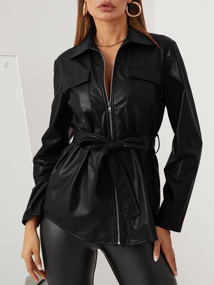 Women Solid Color Knotted Zip Front Lapel Collar Jacket