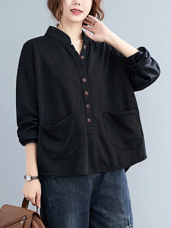 Casual Pure Color Buttoned Split-Joint With Pocket Stand Collar Long Sleeves Sweatshirts