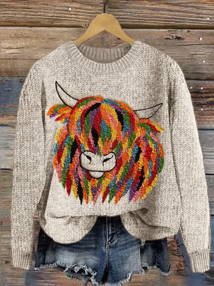 VChics Colorful Highland Cow Embroidery Art Cozy Sweater
