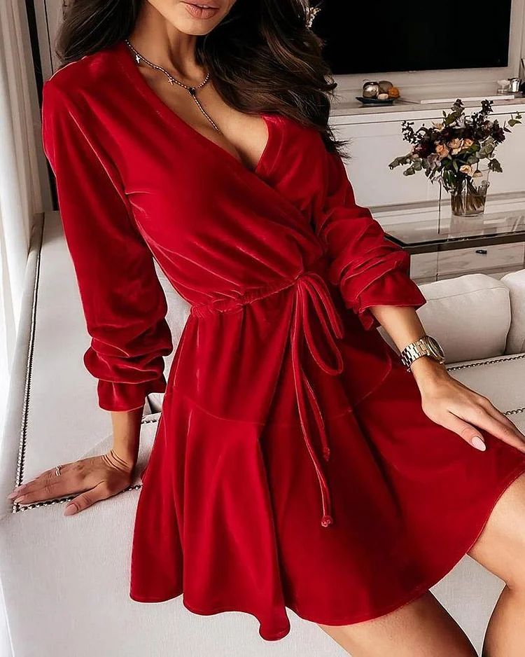 Velvet Long Sleeve Tie Front Wrap Dress P16169