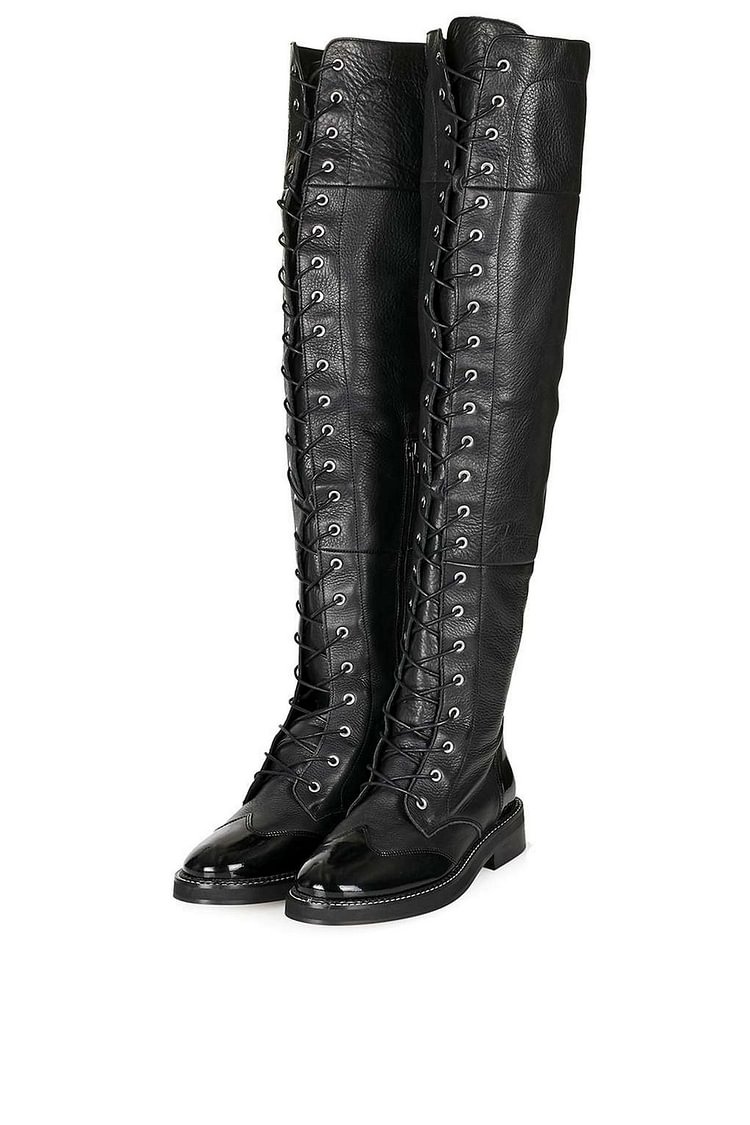 Black Over-the-Knee Flat Lace up Boots Round Toe Long Boots |FSJ Shoes