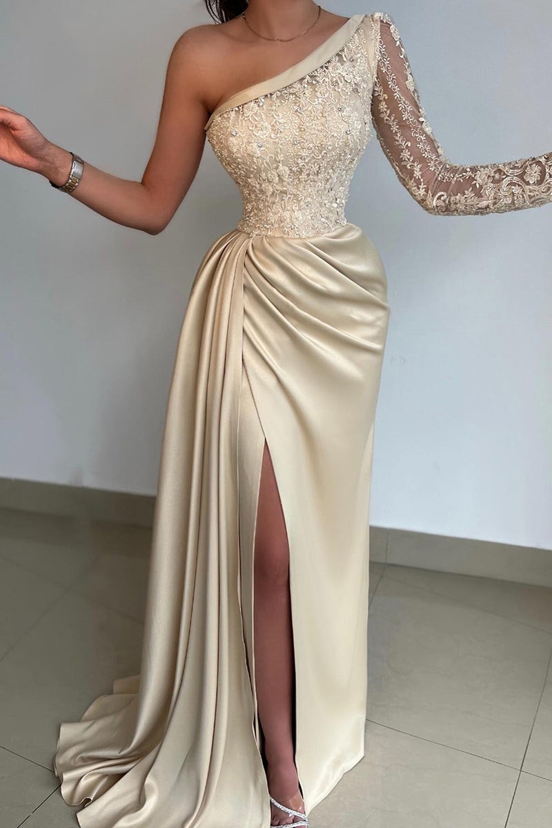 Dresseswow One Shoulder Long Sleeve Evening Dress Long With Lace Slit