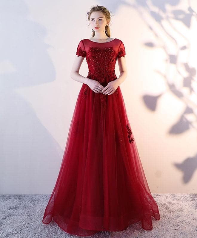Burgundy Tulle Strapless Long Prom Dress, Burgundy Evening Dress