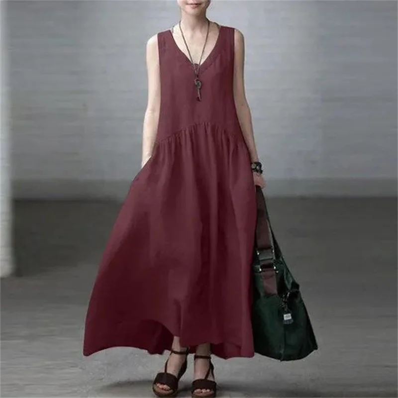 Women's Fashion Sleeveless Solid Tank Top Cotton Linen Dress