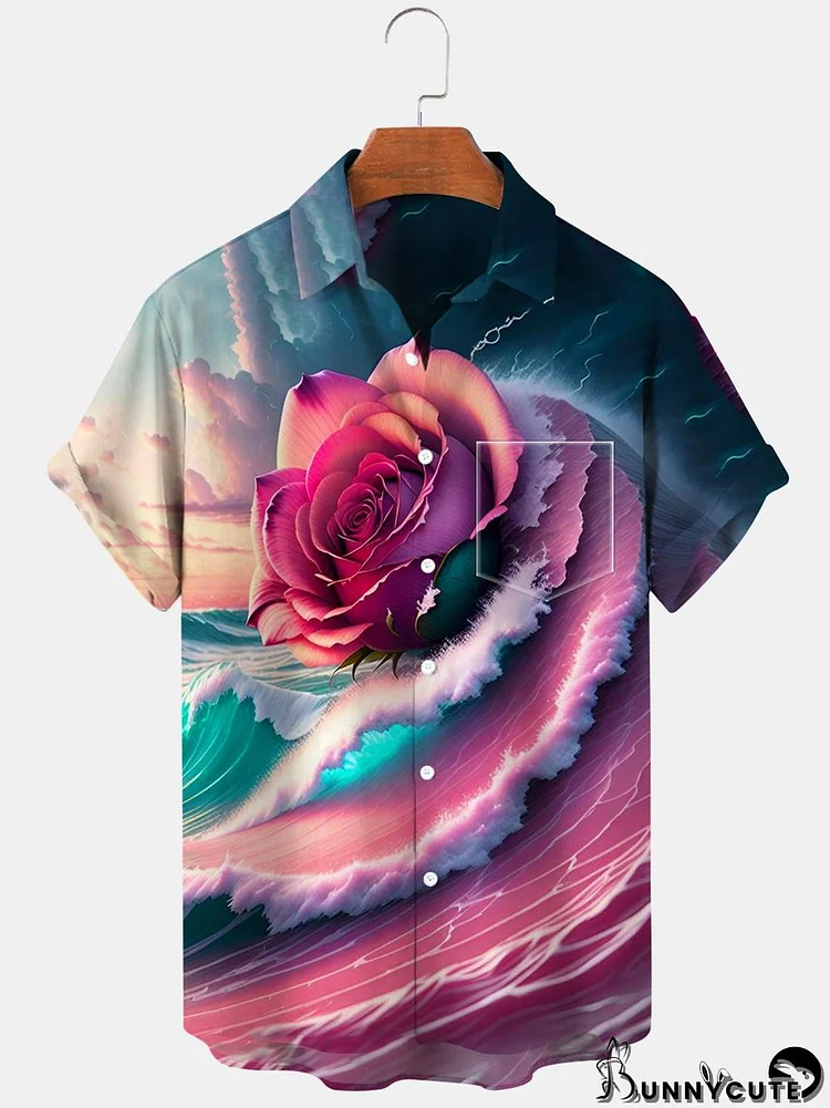 Sea Wave Rose Short Sleeve Men's Shirts With Pocket