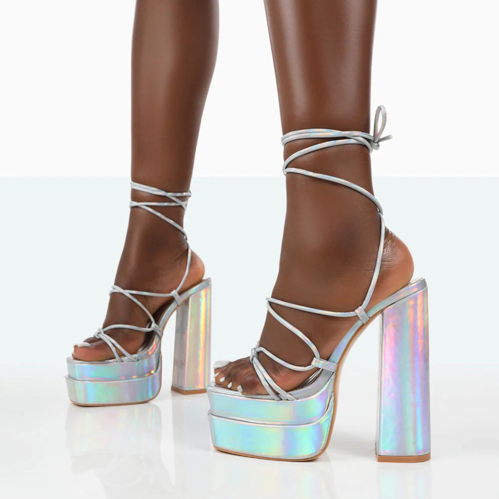 holographic strappy heels