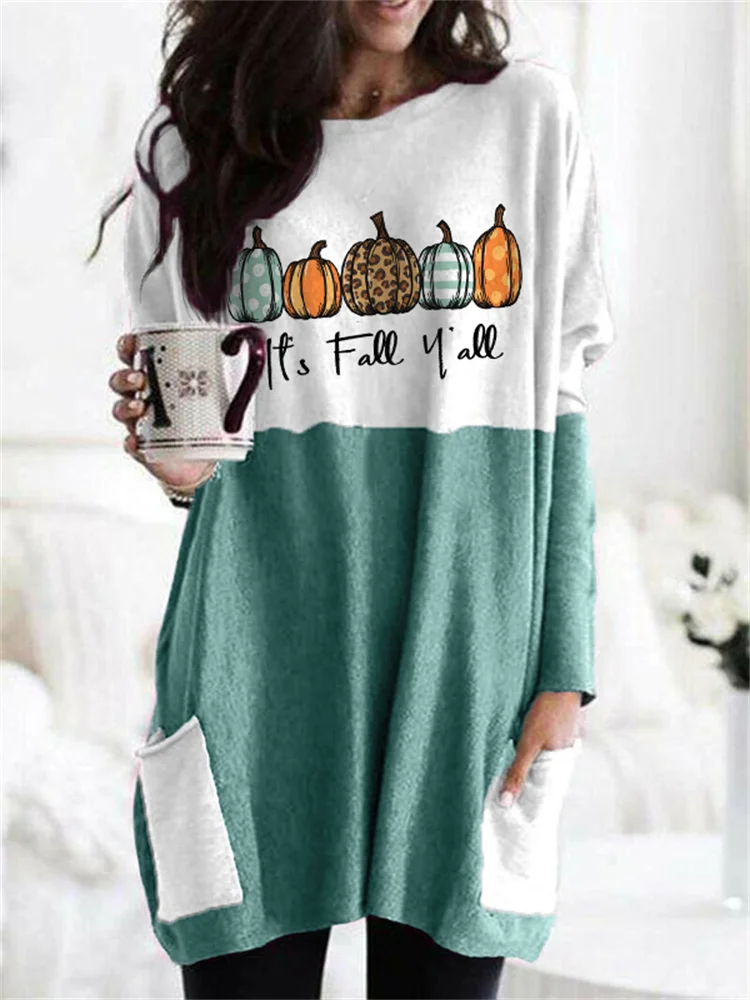 Vefave It's Fall Y'all Pumpkins Contrast Color T Shirt