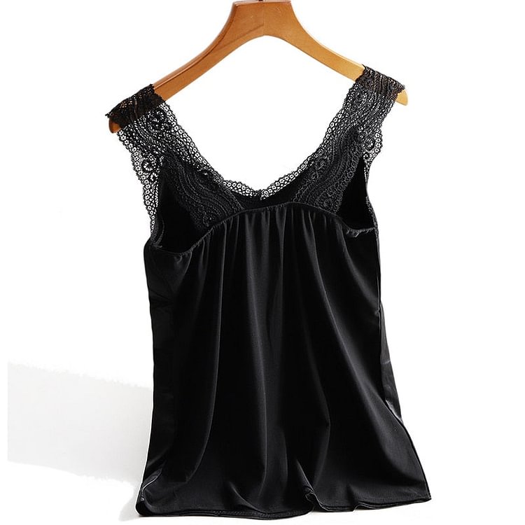 Lace Strap Silk Top Women Sexy V Neck Sleeveless WhiteVest Satin Elasticity Mesh Silk Tank Tops Women Basic Plus Size Camisole - BlackFridayBuys