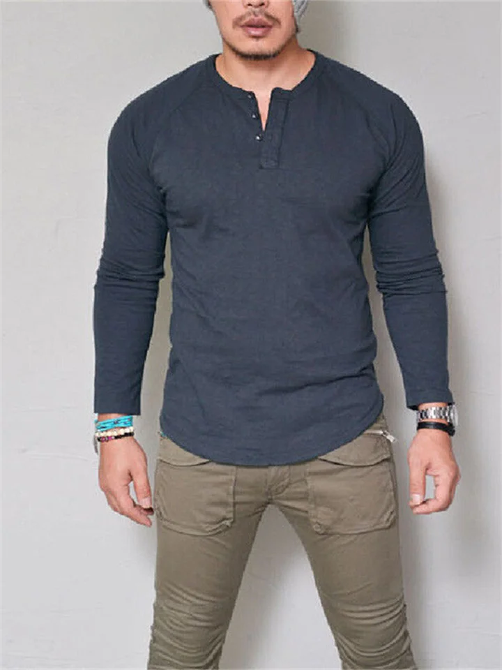 Men's Models Round Neck Cotton Solid Colour Buttons Long-sleeved T-shirt Casual Collarless Bottoming Shirt Tops-JRSEE