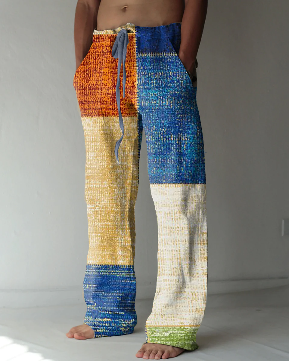 Suitmens Men's Ethnic Plaid Cotton Linen Trousers 08