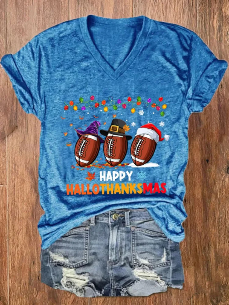Vefave Halloween Christmas Rugby Print V Neck T Shirt