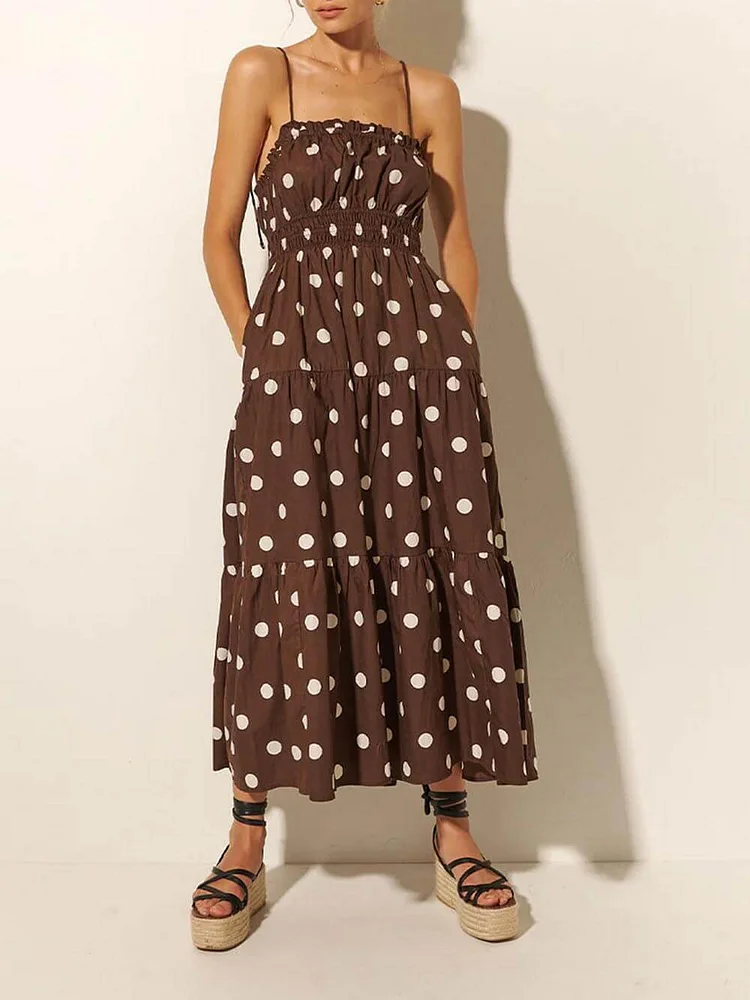 Ivory And Chocolate Polka Dot Print Pleated Elastic Strap Dress