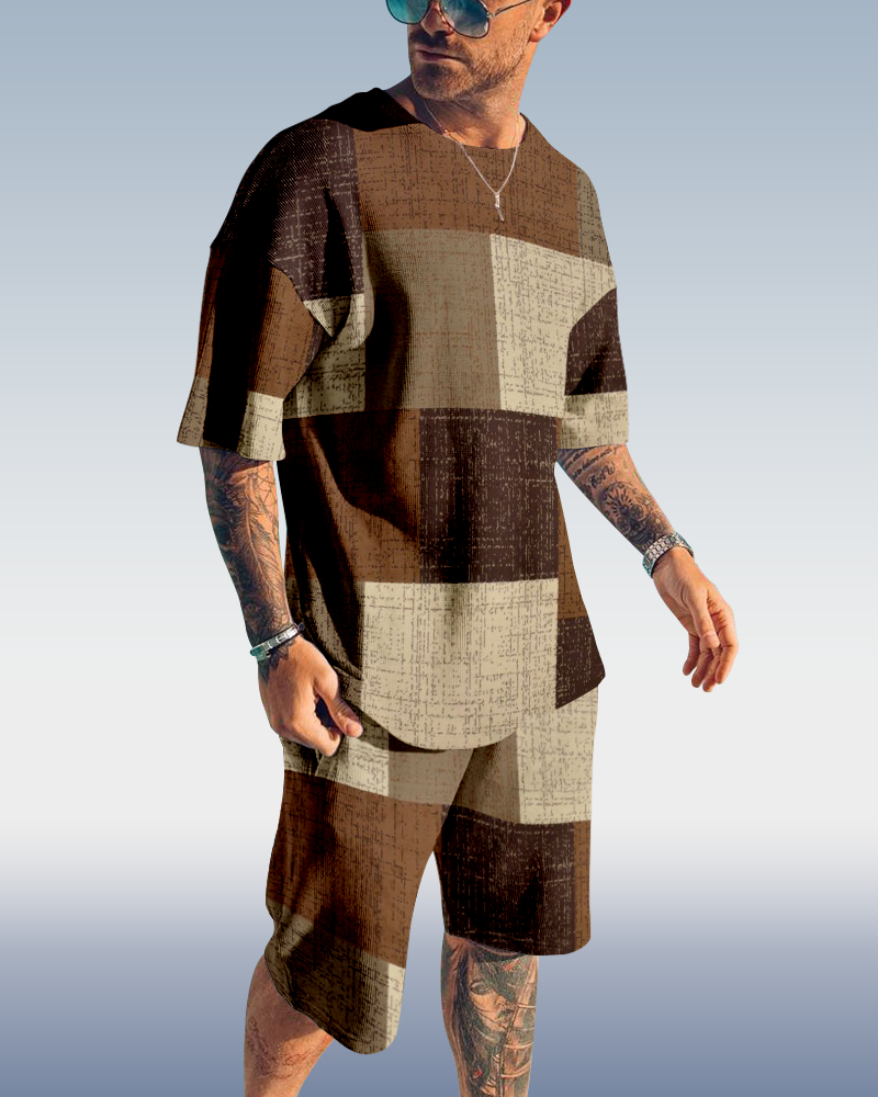 Men's color block printed shorts suit 443