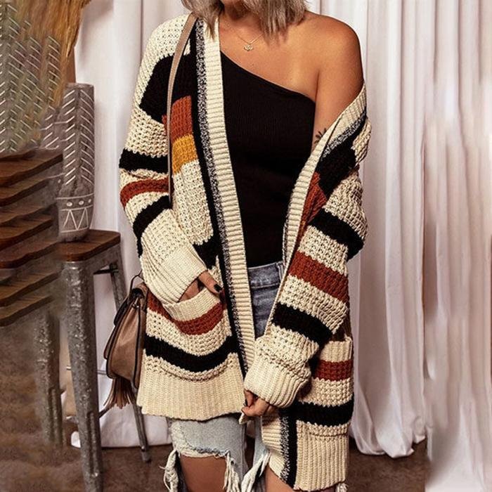 Comstylish Loose V-Neck Striped Long-sleeved Sweater Cardigan