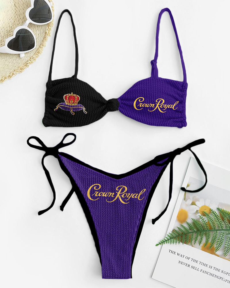 Women s Purple Contrasting Letter Print Bikini Suits