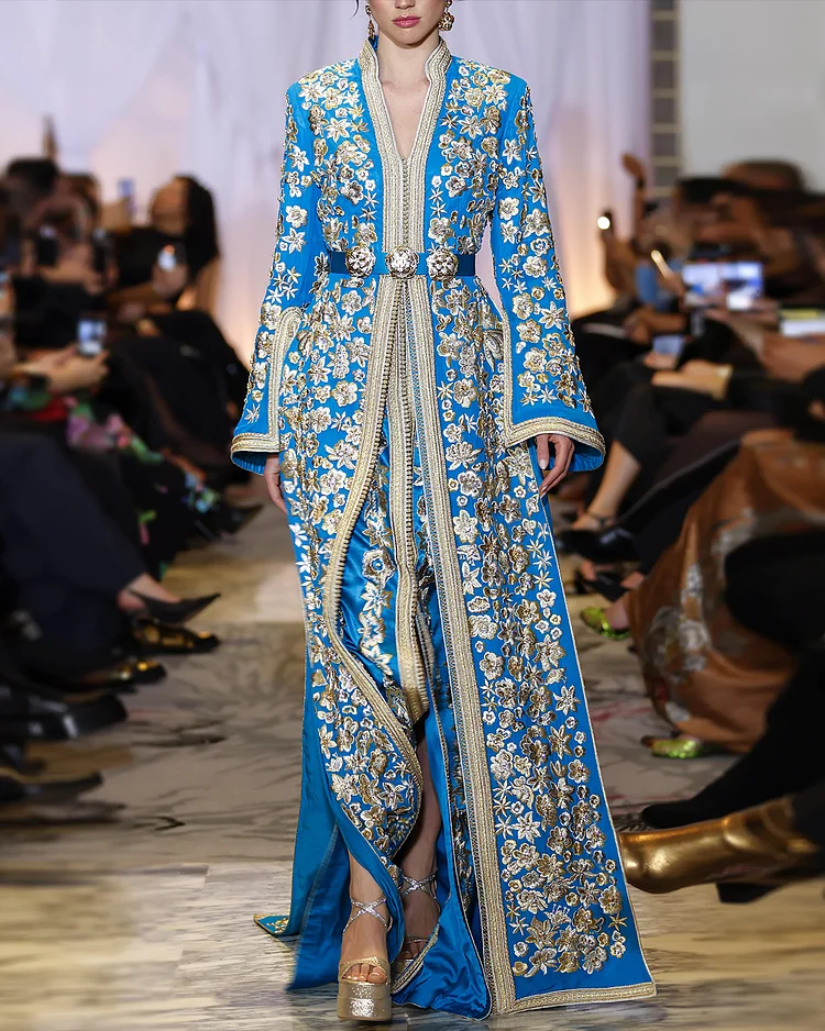Women's V-Neck Long Sleeve Embroidered Kaftan Dress