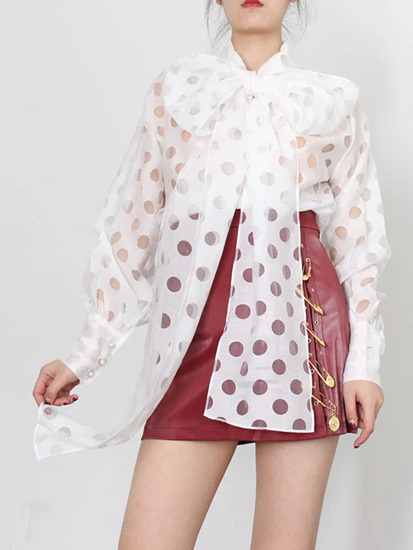 Stylish Loose White See-Through Polka-Dot Tied Puff Sleeves Blouse