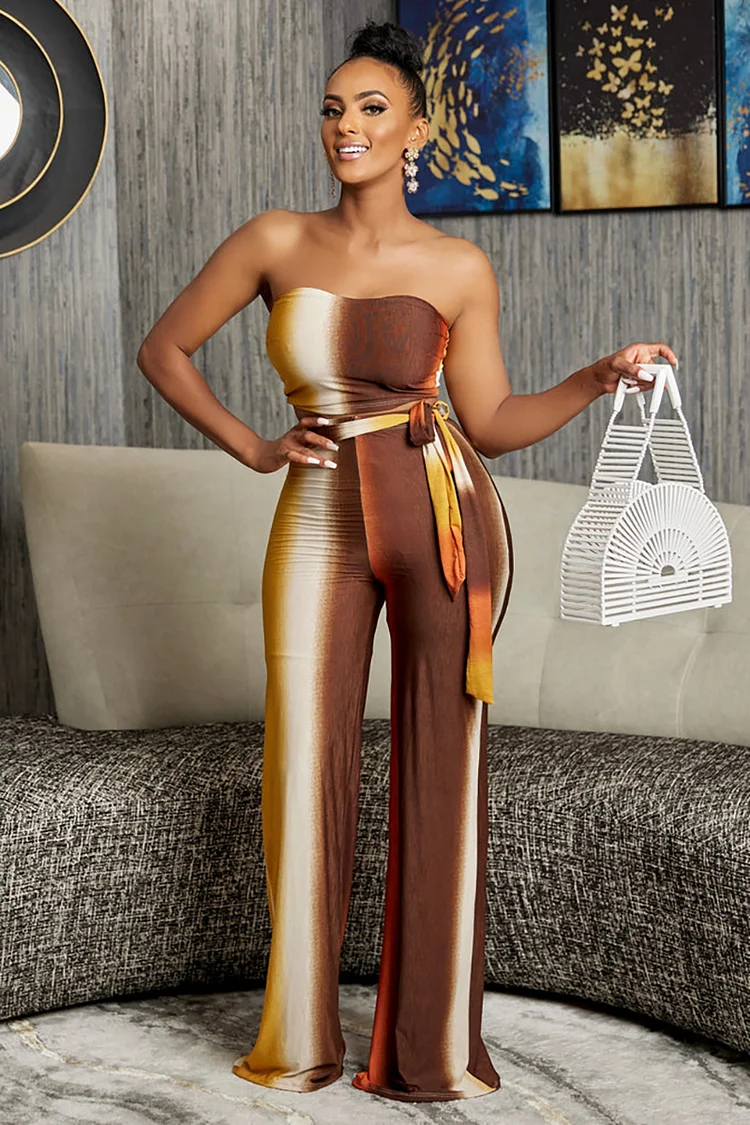 Gradient Color Tube Strapless High Waist Straight Leg Vacation Pants Matching Set