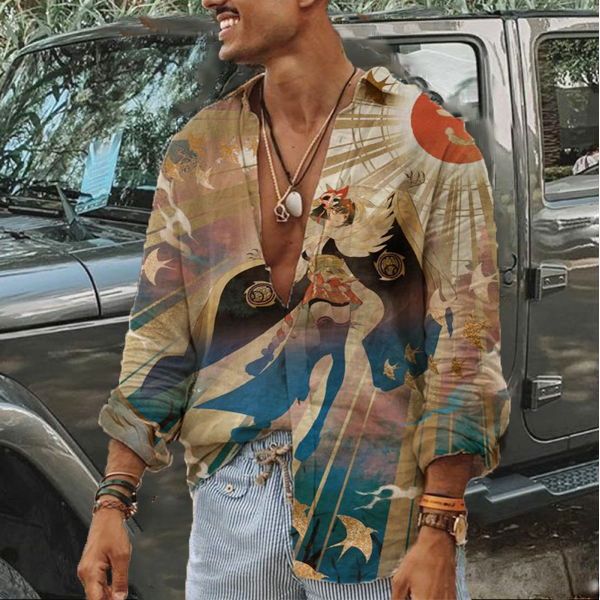 Men's Fashion Printed Cotton Linen Long Sleeve Shirt