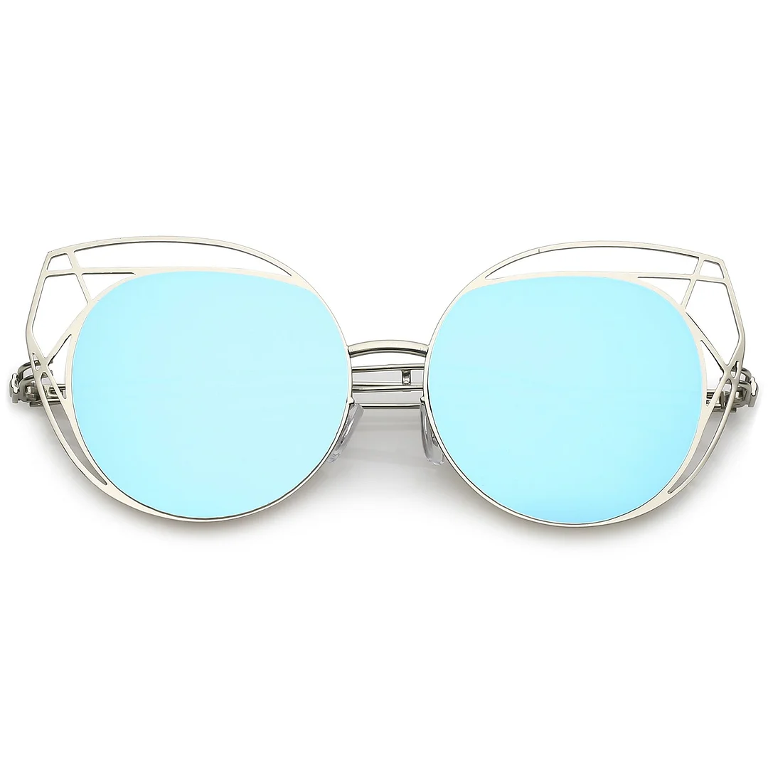 Geometric Cutout Thin Metal Cat Eye glasses Round Mirrored Flat Lens 53mm
