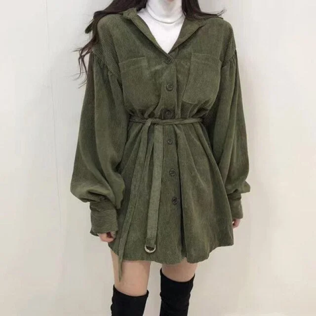 Amalrob Women Vintage Front Pockets Sashes A-line Dress Lantern Sleeve Turn Down Collar Solid Party Dress  Winter Casual New Dress