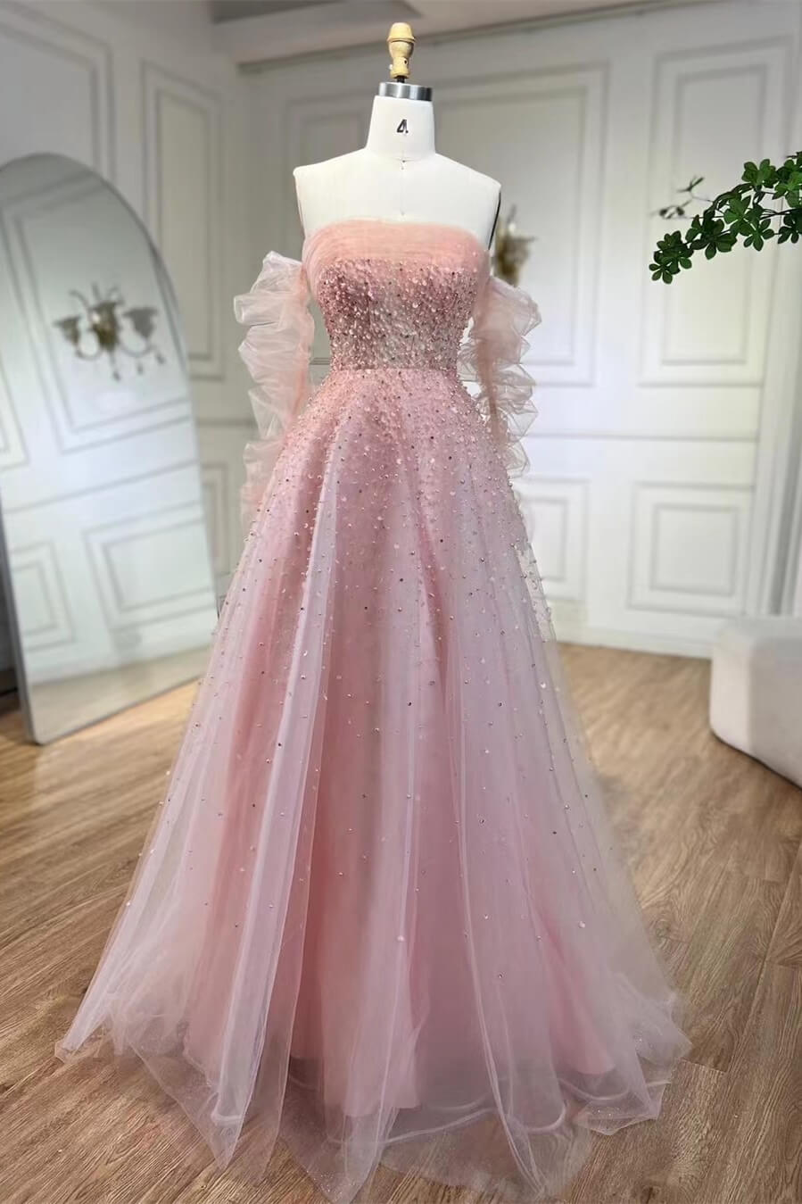 Dresseswow Pink A-Line Ball Dresses With Sequins Beads Detachable Tulle Sleeves Strapless
