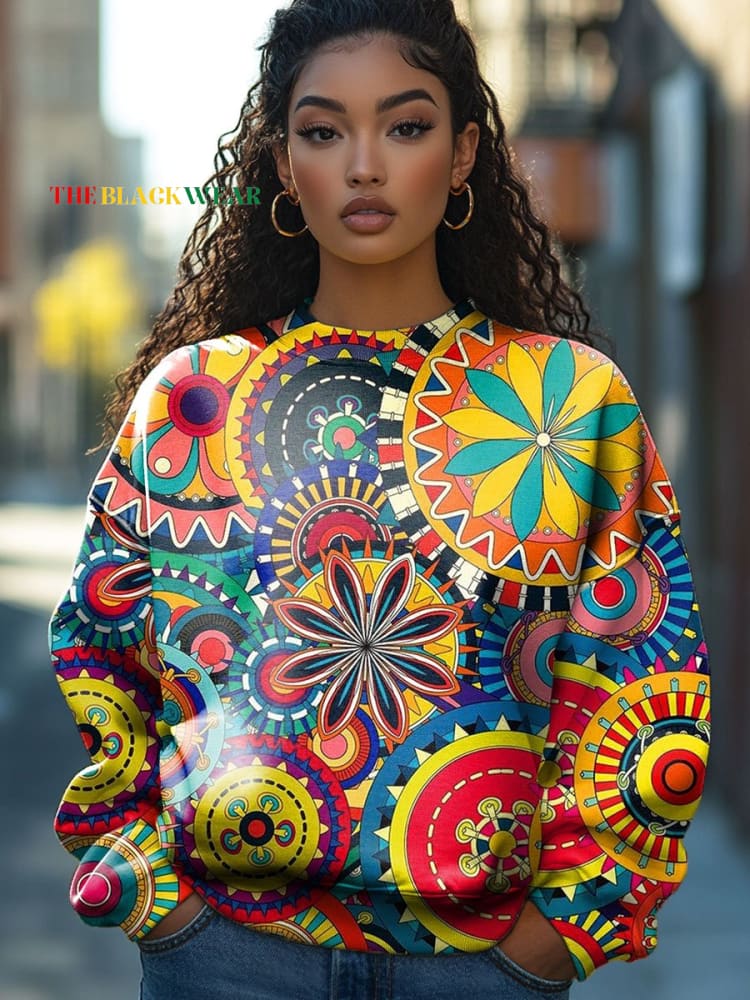 Colorblock Ethnic Pattern Art Print Casual Sweatshirt