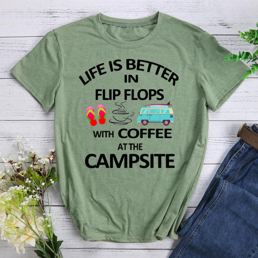 life is better in flip flops with coffee at the campsite Round Neck T-shirt-0022549-Guru-buzz