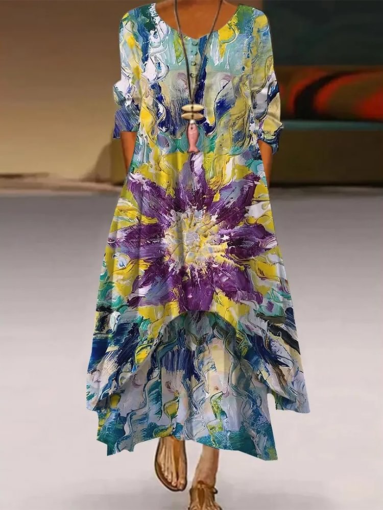 Tie Dye Printed Crew Neck Casual Long Dress P168362911