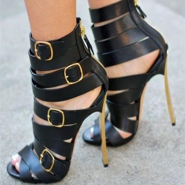 Black Buckle Strappy Stiletto Heeled Sandals Summer Peep Toe Booties |FSJ Shoes