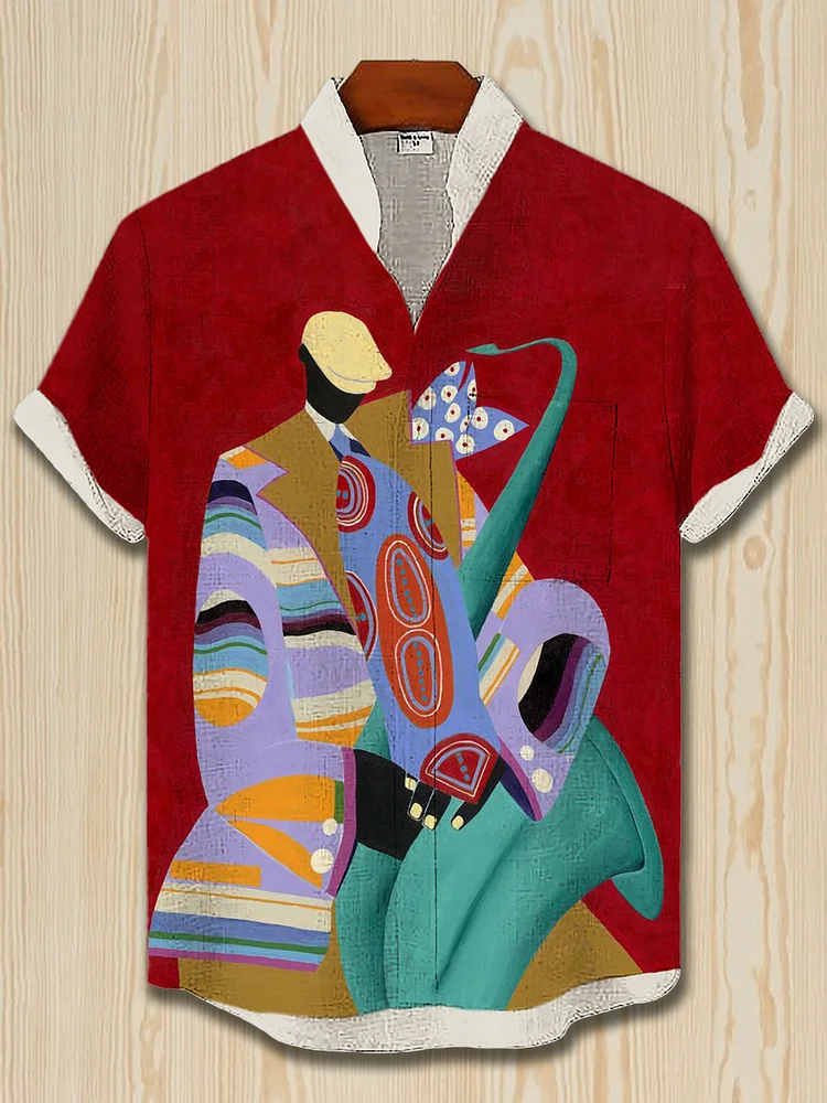 Men's Juneteenth Black Jazz Music Colorblock Art Print Casual Linen Blend Shirt