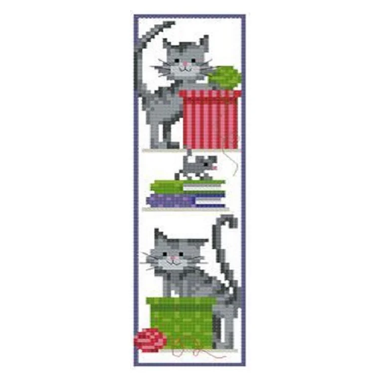 11CT Stamped Double-Sided Grey Cat Cross Stitch Bookmark Kit 18x6cm gbfke