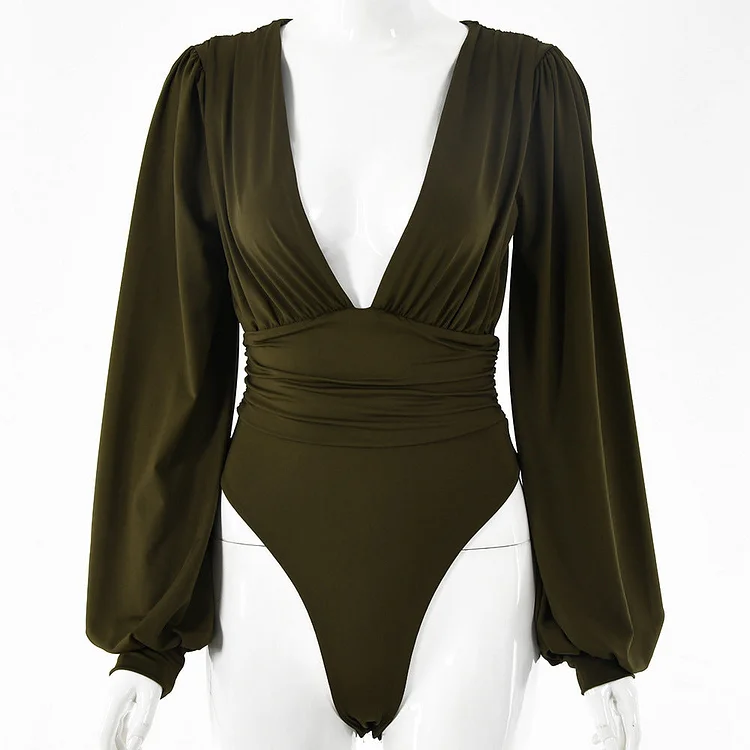 Solid Deep V Neck Ruched Puff Long Sleeve Bodysuit