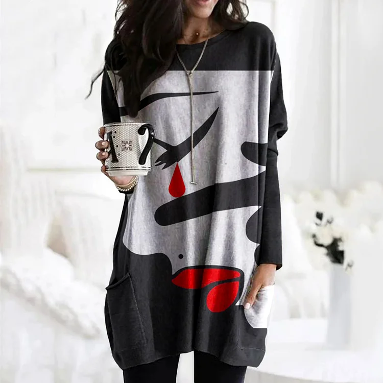 Vefave Vefave Vefave Abstract Face Print Casual Long Sleeve Crewneck Tunic