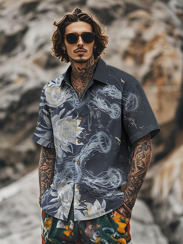 Men's Lotus And Jellyfish Art Print Short Sleeve Shirt