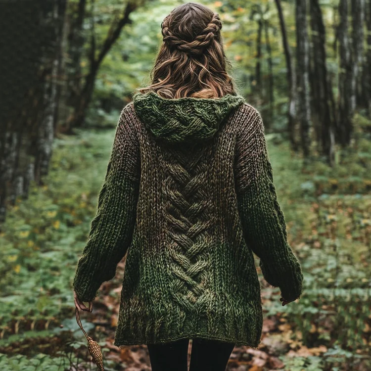 Women's Celtic Knot Retro Chunky Knit Hooded Cardigan