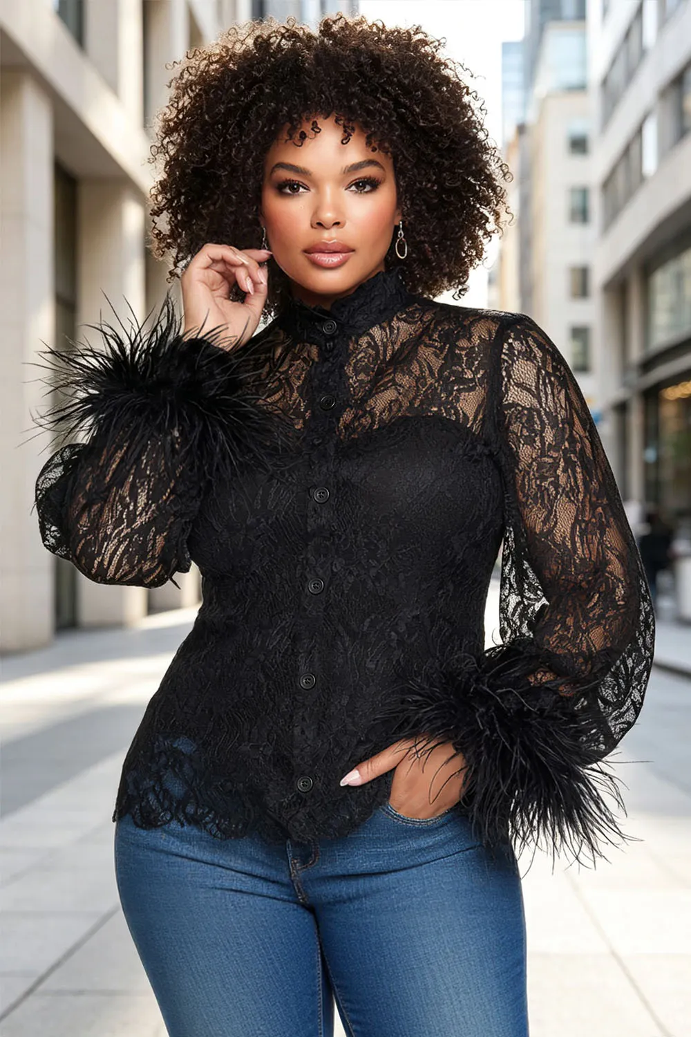 Xpluswear Design Plus Size Party Black Mock Neck Long Sleeve