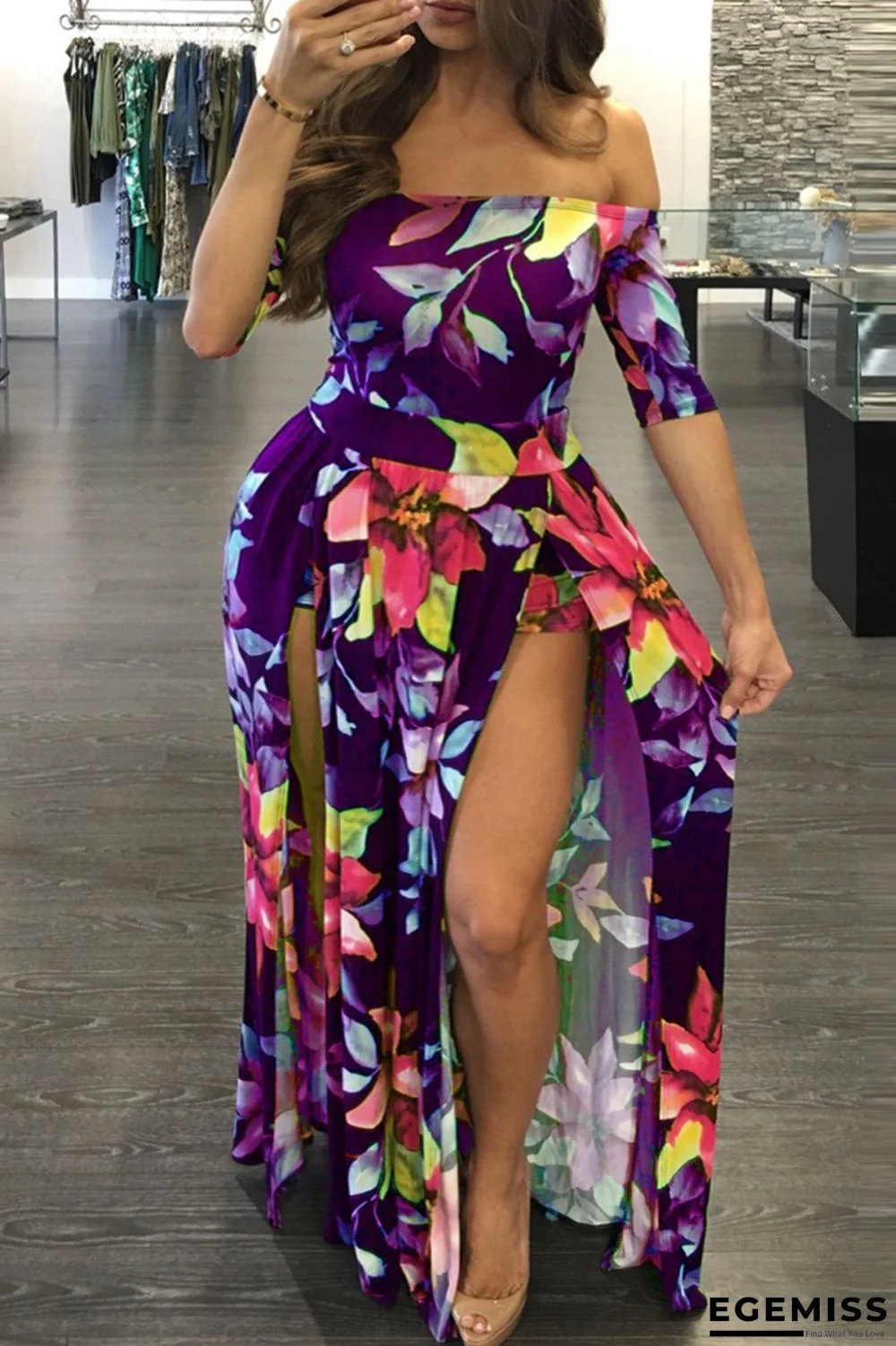 Purple Sexy Print Patchwork Slit Off the Shoulder Straight Dresses | EGEMISS
