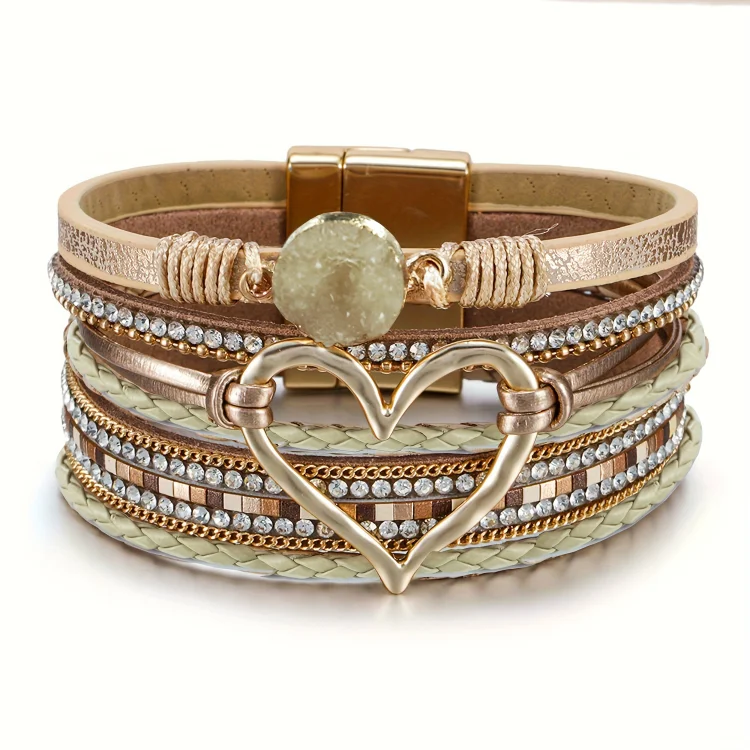 Multilayer Wrap Leather Bracelets Women Bohemian Bracelet Heart Magnetic Clasp Cuff Bangle