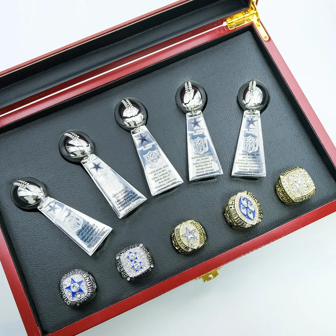 【Dallas Cowboys 】5 Trophys and 5 Pcs Ring Set + Box NFL