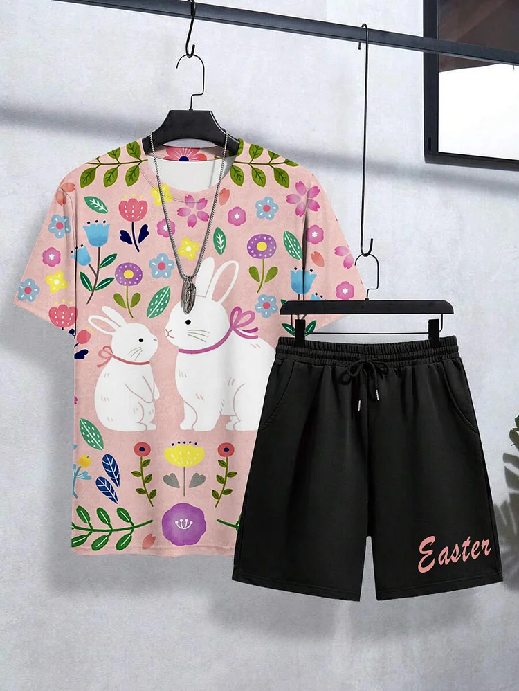 Men's Easter Rabbit Flower Cartoon Art Print T-Shirt Shorts Set
