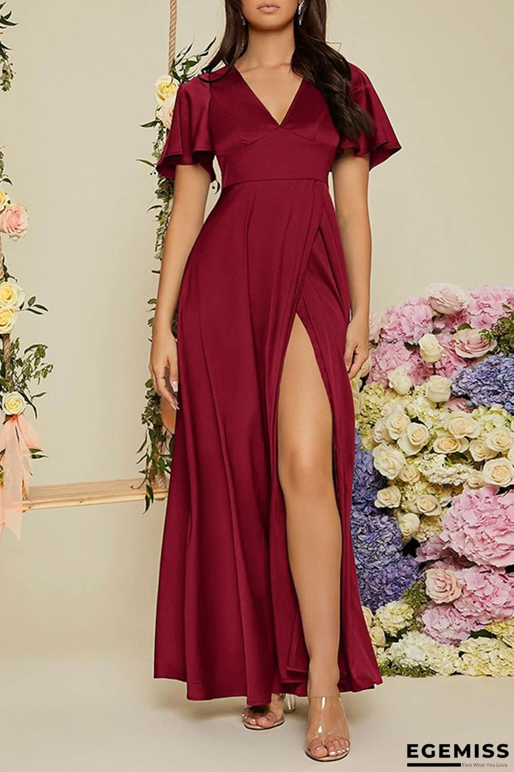 Red Casual Elegant Solid Patchwork Slit V Neck Straight Dresses | EGEMISS