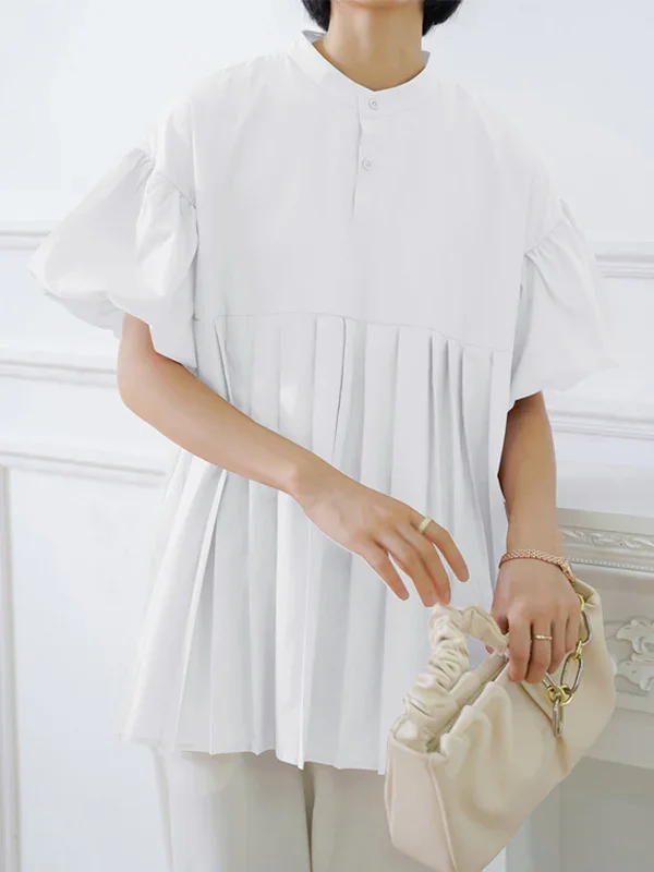 Pleated Pure Color Half Sleeves Roomy Stand Collar Blouses&Shirts Tops