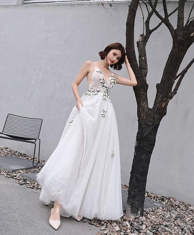 White V Neck Tulle Lace Long Prom Dress, White Evening Dress