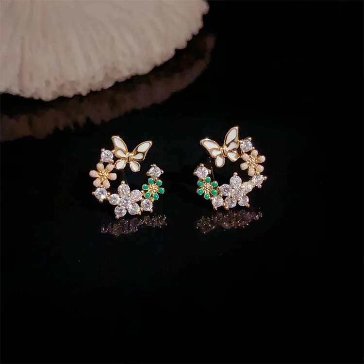 Christmas Butterfly Wreath 925 Silver Zircon Stud Earrings