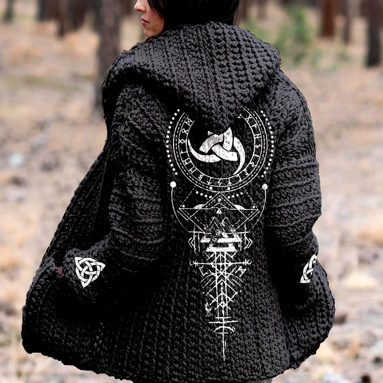 Retro Viking Witch Runes Totem Print Hooded Cardigan Sweater