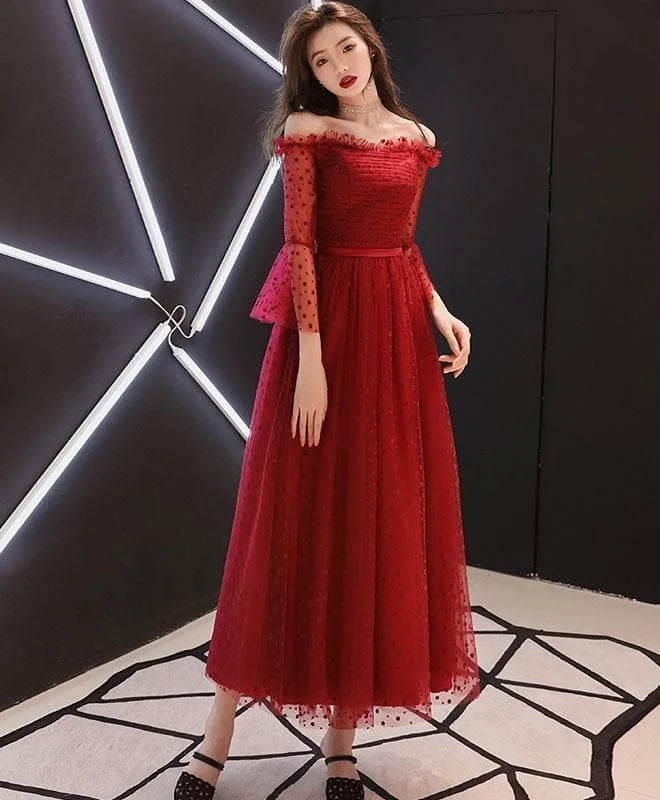 Burgundy Tulle Lace Tea Length Prom Dress, Burgundy Evening Dress
