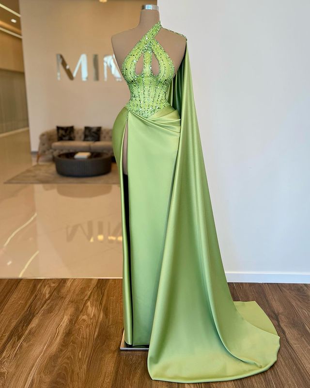 Miabel Elegant Sleeveless Apple Green Sequins Beads Split Evening Dress  With Long Ruffle
